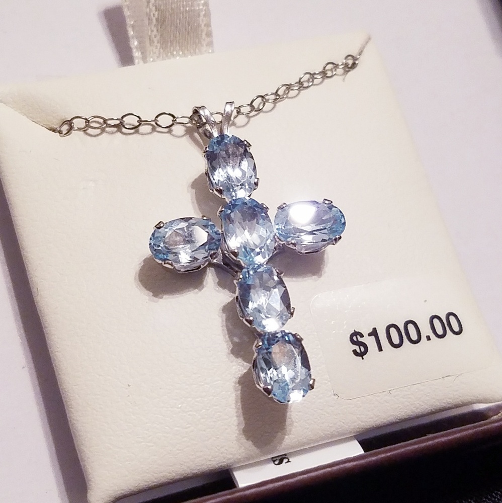 Genuine blue topaz cross necklace 925 SS
